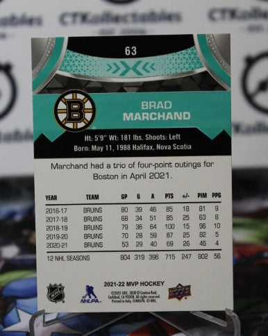 2021-22 UPPER DECK MVP BRAD MARCHAND # 63 BOSTON BRUINS NHL HOCKEY CARD