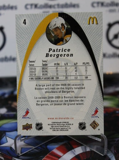 2008-09 UPPER DECK PATRICE BERGERON # 4 McDONALDS  BOSTON BRUINS NHL HOCKEY CARD