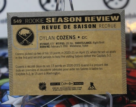 2021-22 O-PEE CHEE DYLAN COZENS # 549 ROOKIE SEASON REVIEW  BUFFALO SABRES NHL HOCKEY TRADING CARD