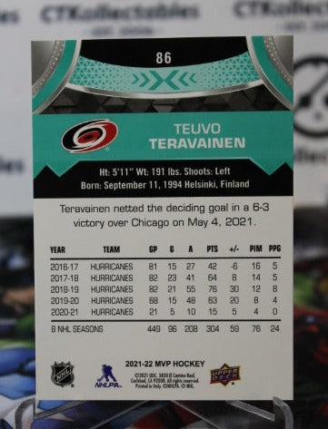 2021-22 UPPER DECK  MVP TEUVO TERAVAINEN # 86 CAROLINA HURRICANES NHL HOCKEY TRADING CARD