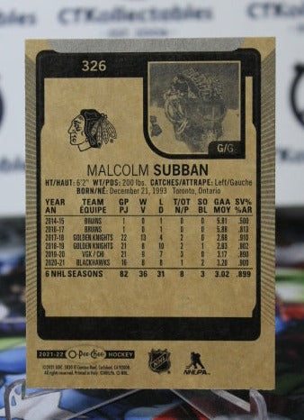2021-22 O-PEE-CHEE MALCOLM SUBBAN # 326 CHICAGO BLACKHAWKS NHL HOCKEY TRADING CARD