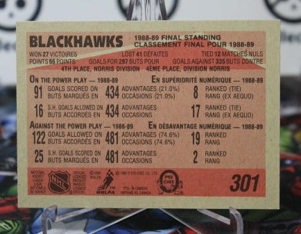 1989-90 O-PEE-CHEE BLACKHAWKS # 301 CHICAGO BLACKHAWKS NHL HOCKEY TRADING CARD