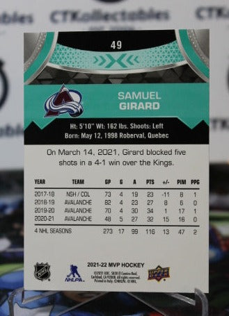 2021-22 UPPER DECK MVP SAMUEL GIRARD # 49 COLORADO AVALANCHE  NHL HOCKEY TRADING CARD