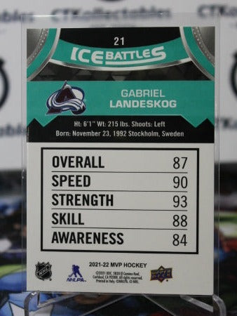 2021-22 UPPER DECK MVP GABRIEL LANDESKOG # 21 ICE BATTLES COLORADO AVALANCHE NHL HOCKEY TRADING CARD