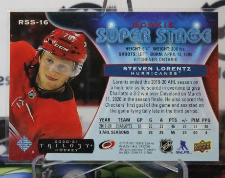 2020-21 UPPER DECK TRILO3Y STEVEN LORENTZ # RSS-16 ROOKIE SUPER STAGE RED 655/999 CAROLINA HURRICANES NHL HOCKEY TRADING CARD