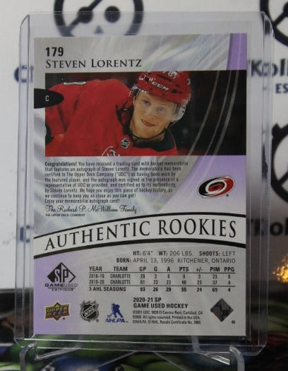 2020-21 UPPER DECK SP STEVEN LORENTZ # 179 AUTHENTIC ROOKIES GAME USED 57/65 CAROLINA HURRICANES NHL HOCKEY TRADING CARD