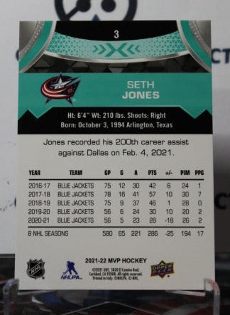 2021-22 UPPER DECK MVP SETH JONES # 3 COLUMBUS BLUE JACKETS NHL HOCKEY TRADING CARD