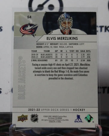 2021-22 UPPER DECK ELVIS MERZLIKINS # 54 GOALTENDER COLUMBUS BLUE JACKETS HOCKEY CARD