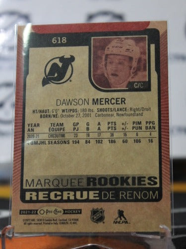 2021-22 O-PEE CHEE DAWSON MERCER # 618  RED MARQUEE ROOKIE NEW JERSEY DEVILS  NHL HOCKEY TRADING CARD