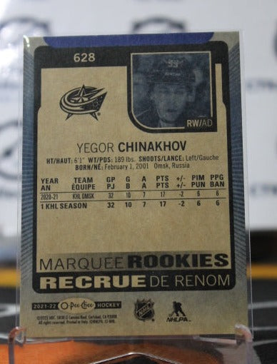 2021-22  O-PEE CHEE YEGOR CHINAKHOV # 628 BLUE MARQUEE ROOKIES COLUMBUS BLUE JACKETS NHL HOCKEY TRADING CARD