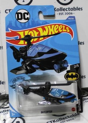 HOT WHEELS MATTEL BATMAN BATCOPTER BLACK/BLUE 2/5 DC 195/250 LONG CARD 2018