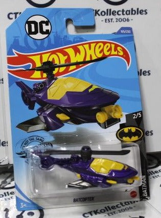 HOT WHEELS MATTEL BATMAN BATCOPTER PURPLE/YELLOW 2/5 DC 195/250 LONG CARD 2018