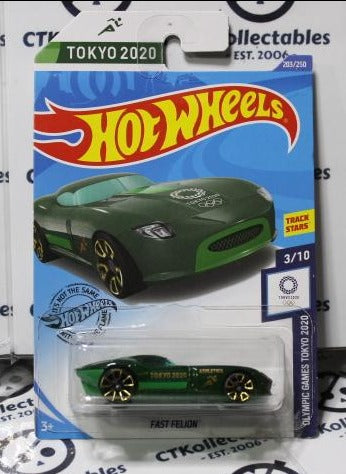 HOT WHEELS MATTEL TOKYO 2020 FAST FELLOW 3/10 GREEN  OLYMPIC GAMES 203/250 LONG CARD 2018