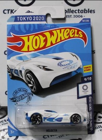 HOT WHEELS MATTEL TOKYO 2020 VELOCITA 9/10 WHITE  OLYMPIC GAMES 167/250 LONG CARD 2018