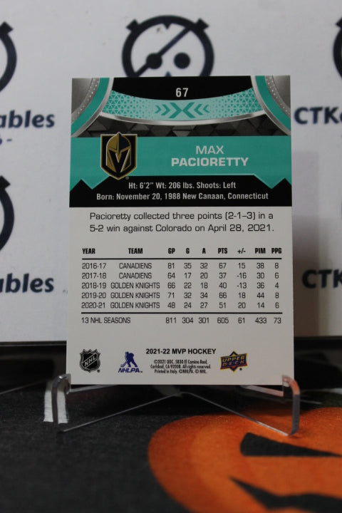 2021-22 UPPER DECK MVP MAX PACIORETTY # 67 NHL GOLDEN KNIGHTS HOCKEY CARD