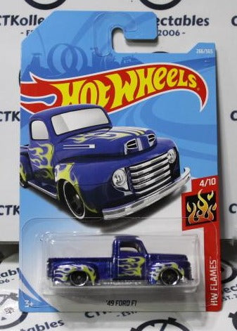 HOT WHEELS '49 FORD F1 TRUCK FACTORY SEALED 4/10 HW FLAMES 2017 BLUE 266/365