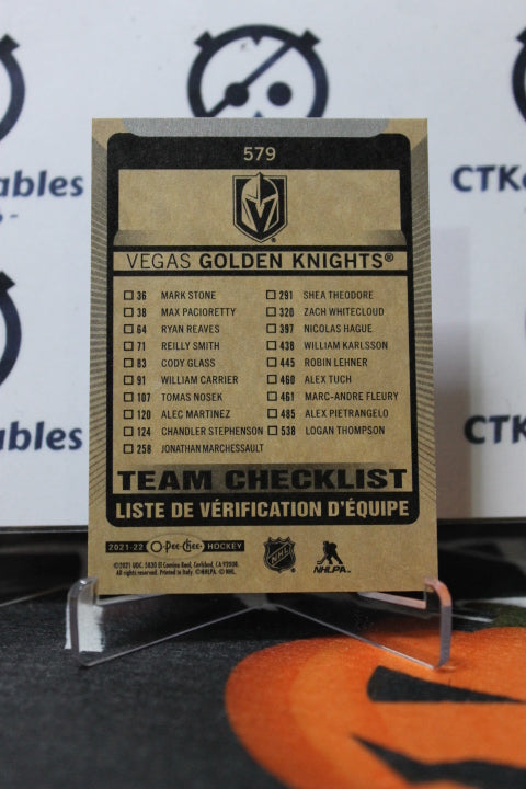 2021-22 O-PEE-CHEE TEAM CHECKLIST # 579  NHL GOLDEN KNIGHTS HOCKEY CARD