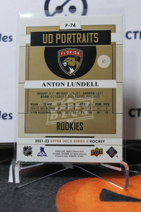 2021-22 UPPER DECK ANTON LUNDELL # P-74 UD PORTRAITS ROOKIE FLORIDA PANTHERS HOCKEY CARD