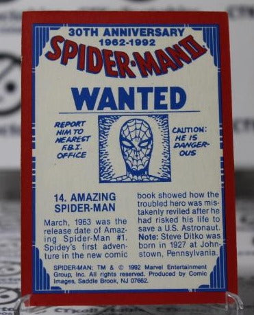 SPIDER-MAN II 30TH ANNIVERSARY # 14 WANTED MARVEL  NON-SPORT TRADING CARD 1992