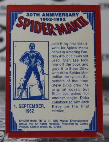 SPIDER-MAN II 30TH ANNIVERSARY # 1 SEPT. 1962 MARVEL  NON-SPORT TRADING CARD 1992