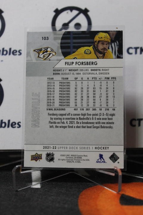 2021-22 UPPER DECK FILIP FORSBERG # 103 NASHVILLE PREDATORS NHL HOCKEY TRADING CARD