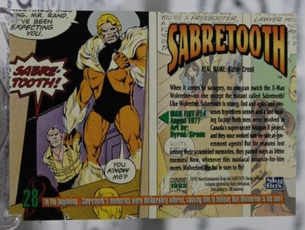 SABRETOOTH # 28 NM SKYBOX MARVEL MASTERPIECES SUPER HEROES NON-SPORT TRADING CARD 1993