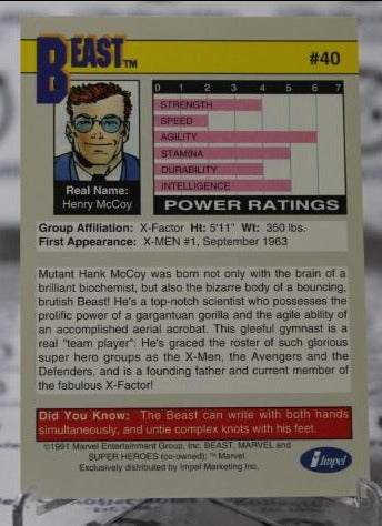 BEAST # 40  X-MEN MARVEL NM SUPER HEROES  NON-SPORT TRADING CARD IMPEL 1991