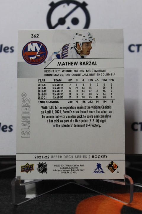 2021-22 UPPER DECK MATHEW BARZAL  # 362  NEW YORK ISLANDERS HOCKEY CARD