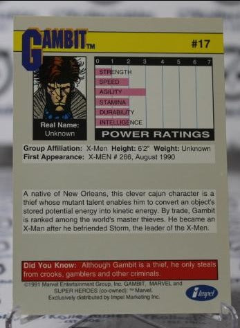 GAMBIT # 17  X-MEN MARVEL  NM SUPER HEROES  NON-SPORT TRADING CARD IMPEL 1991