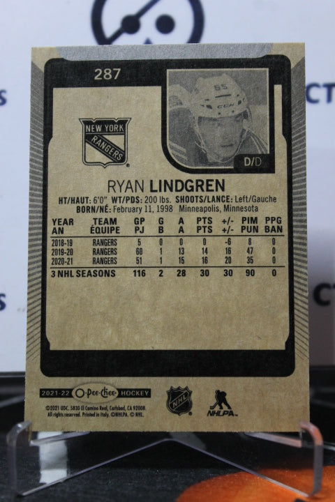 2021-22  O-PEE-CHEE RYAN LINDGREN  # 287  NEW YORK RANGERS  NHL HOCKEY CARD