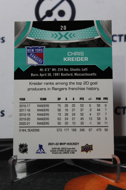 2021-22  UPPER DECK MVP CHRIS KREIDER  # 20  NEW YORK RANGERS  NHL HOCKEY CARD