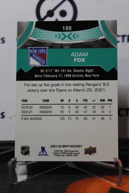2021-22  UPPER DECK MVP ADAM FOX  # 190  NEW YORK RANGERS  NHL HOCKEY CARD