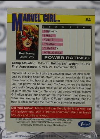 MARVEL GIRL # 4  MARVEL NM SUPER HEROES  NON-SPORT TRADING CARD IMPEL 1991