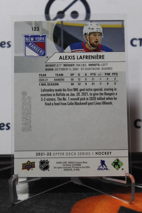 2021-22  UPPER DECK ALEXIS LAFRENIERE  # 123  NEW YORK RANGERS  NHL HOCKEY CARD