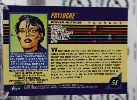 PSYLOCKE # 51  X-MEN  MARVEL NM SUPER HEROES  NON-SPORT TRADING CARD IMPEL 1992