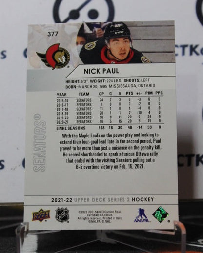 2021-22 UPPER DECK NICK PAUL # 377  OTTAWA SENATORS HOCKEY CARD