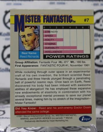 MISTER FANTASTIC # 7 FANTASTIC FOUR MARVEL SUPER HEROES NM NON-SPORT TRADING CARD IMPEL 1991