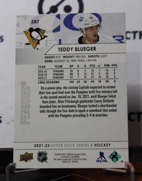 2021-22 UPPER DECK TEDDY BLUEGER # 387  PITTSBURGH PENGUINS NHL HOCKEY TRADING CARD
