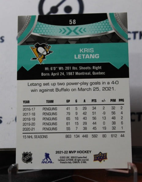 2021-22 UPPER DECK MVP KRIS LETANG # 58 PITTSBURGH PENGUINS NHL HOCKEY TRADING CARD