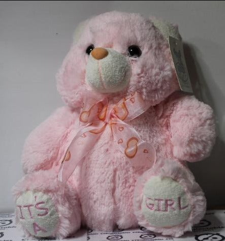 IT'S A GIRL PINK TEDDY BEAR PRE LOVED PLUSH TOY WITH TAGS BY J&L SOFT TOYS