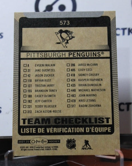 2021-22  O-PEE-CHEE  TEAM CHECKLIST # 573 PITTSBURGH PENGUINS NHL HOCKEY CARD