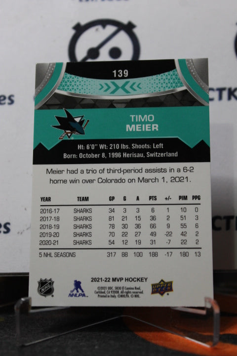 2021-22 UPPER DECK MVP TIMO MEIER # 139 SAN JOSE SHARKS HOCKEY CARD