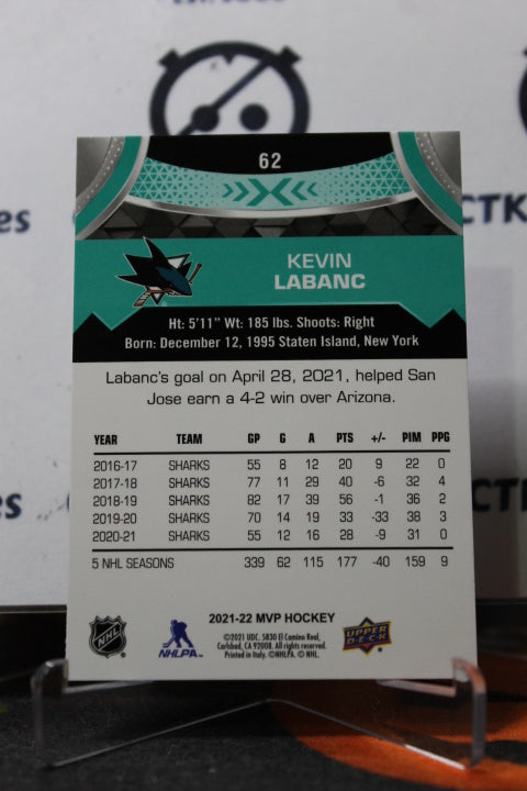 2021-22 UPPER DECK MVP KEVIN LABANC # 62 SAN JOSE SHARKS HOCKEY CARD