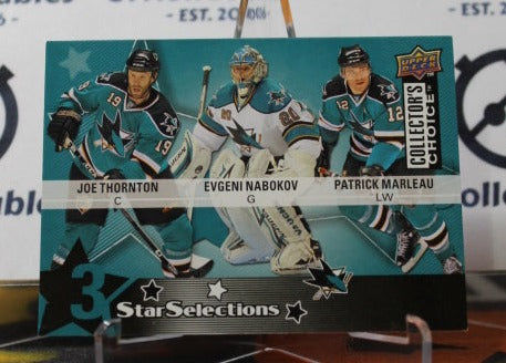 2009-10 UPPER DECK JOE THORNTON EVGENI NABOKOV PATRICK MARLEAU # 225 STAR SELTCTIONS SAN JOSE SHARKS HOCKEY CARD