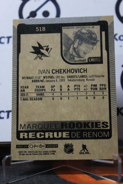 2021-22 O-PEE-CHEE IVAN CHEKHOVICH # 518 MARQUEE ROOKIE SAN JOSE SHARKS NHL HOCKEY CARD