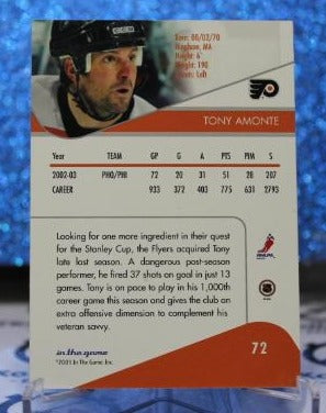 TONY AMONTE # 72 IN THE GAME 2002-03 PHILADELPHIA FLYERS NHL HOCKEY TRADING CARD