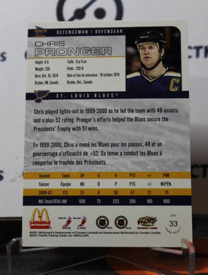 2001-02 PACIFIC CHRIS PRONGER # 33 McDONALD'S  ST. LOUIS BLUES HOCKEY CARD