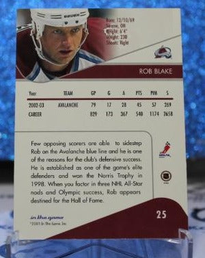 ROB BLAKE # 25 IN THE GAME 2003 COLORADO AVALANCHE  NHL HOCKEY TRADING CARD