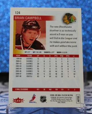 BRIAN CAMPBELL # 124 FLEER ULTRA  2008-09 CHICAGO BLACKHAWKS NHL HOCKEY TRADING CARD