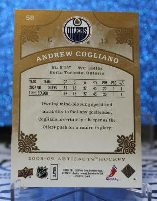 ANDREW COGLIANO # 58 RC UPPER DECK ARTIFACTS 2008-09 EDMONTON OILERS NHL HOCKEY TRADING CARD